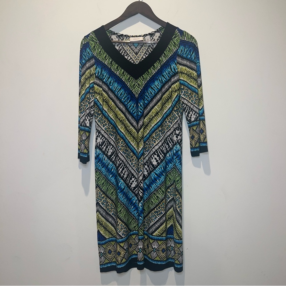 Chicos Womens 0 Small Shift Dress V Neck 3/4 Sleeve Green Blue Stretch Casual